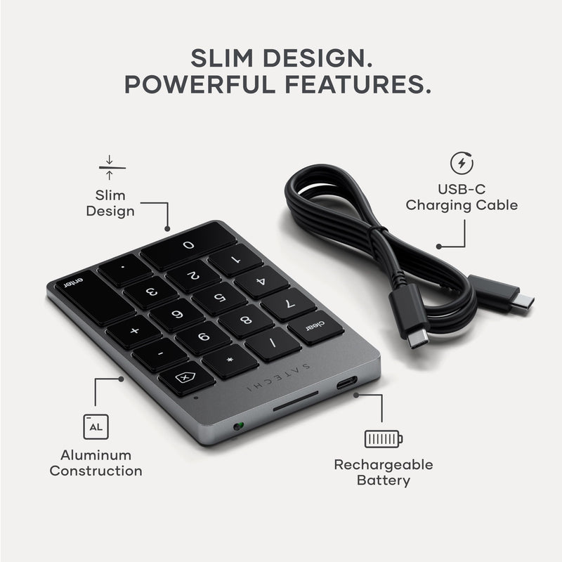 Satechi Slim Aluminum Bluetooth Keypad, USB-C Rechargeable, Space Gray | 18-Key Wireless Number Pad, for MacBook, iMac, iPad, PC, and Laptops