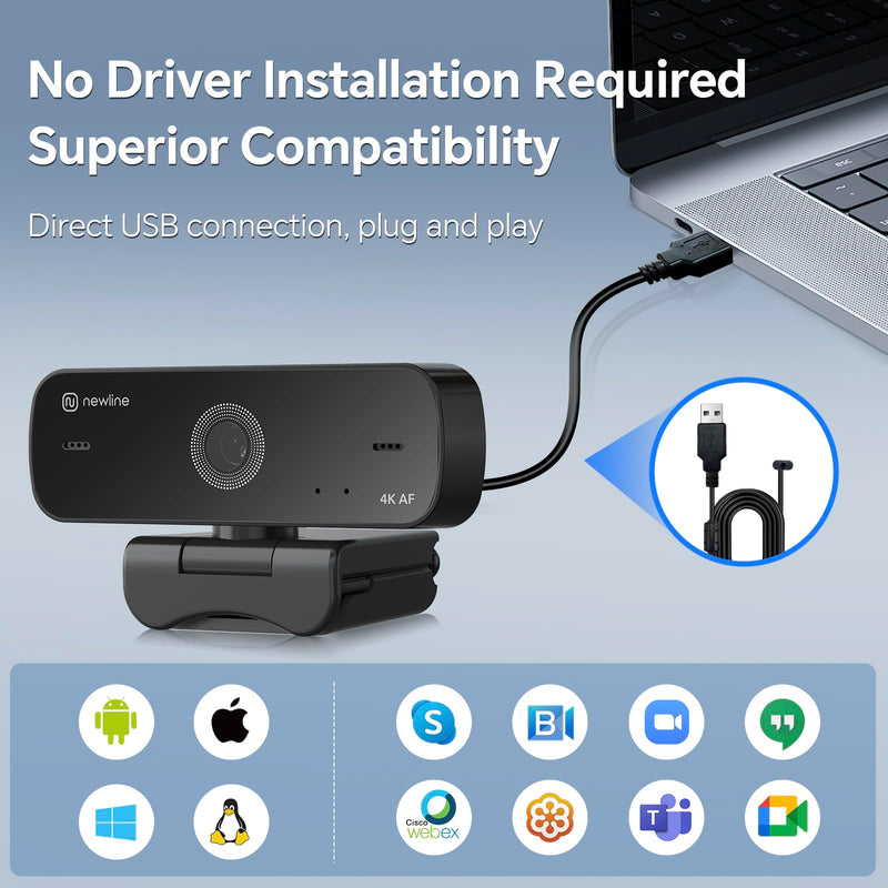 NewlineWork NewEye 4K HD PC Webcam USB Webcam with Microphone Pro Streaming Web Camera with Auto Focus, Low Distortion, Privacy Cover, Tripod Stand for Zoom/Skype/Teams/Laptop/conferencing/Calling