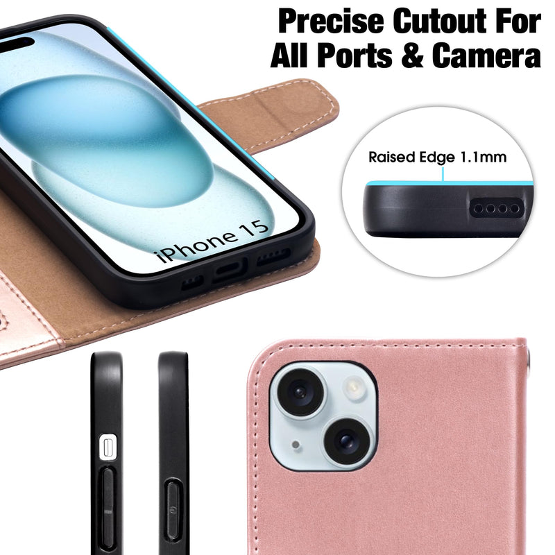 Arae Compatible with iPhone 15 Case with Card Holder and Wrist Strap Wallet Flip Cover for iPhone 15 6.1 inch,Rose Gold Rose Gold