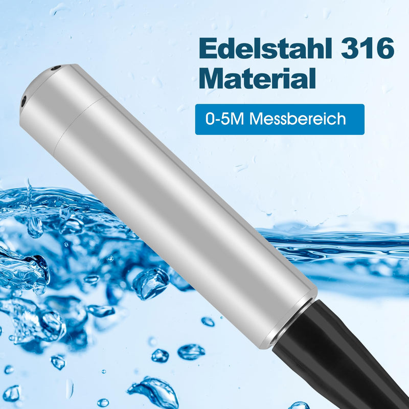 Level Sensor, Flexible 316 Stainless Steel Water Level Sensor with 4-20 mA Signal Output, 6 m Waterproof Cable with Measuring Range 0-5 m, DC 24 V Level Indicator for Water Level and Liquid