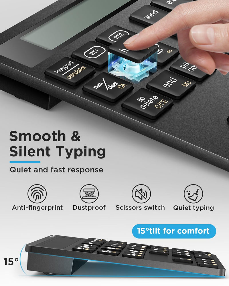 Rechargeable Wireless Number Pad for Laptop, Dual Bluetooth Number Keypad with Calculator Display, 34-Key Numeric Keypad for Windows, Mac, PC, Tablet Black