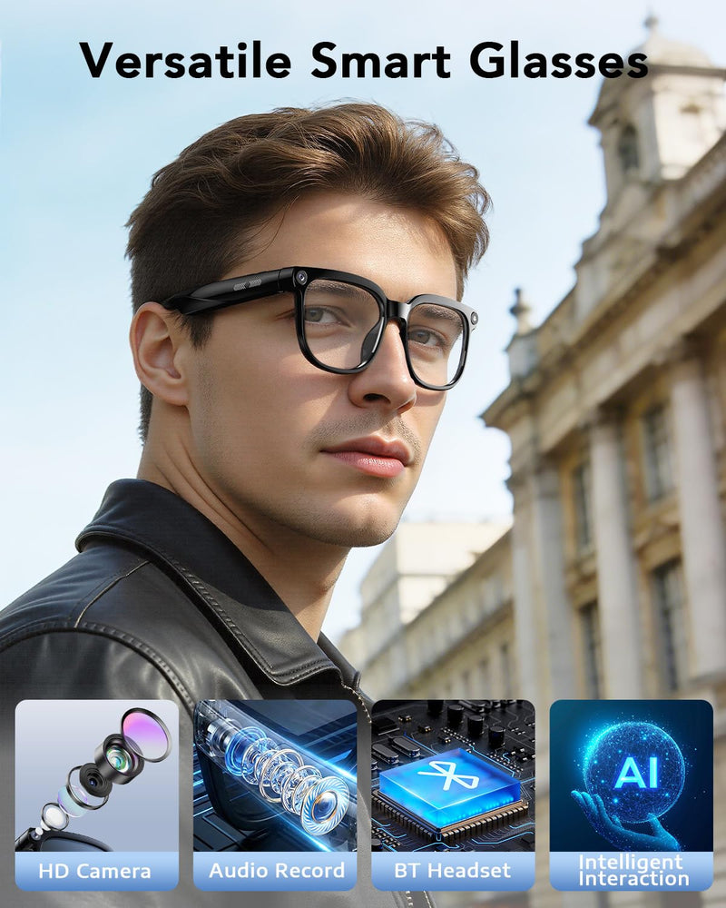 CJkao Smart Glasses with Camera, Bluetooth Music & Call, 800W HD Camera Glasses, 1080P Video Recording, Built-in ChatGPT Voice Assistant Control for Men Women(White)
