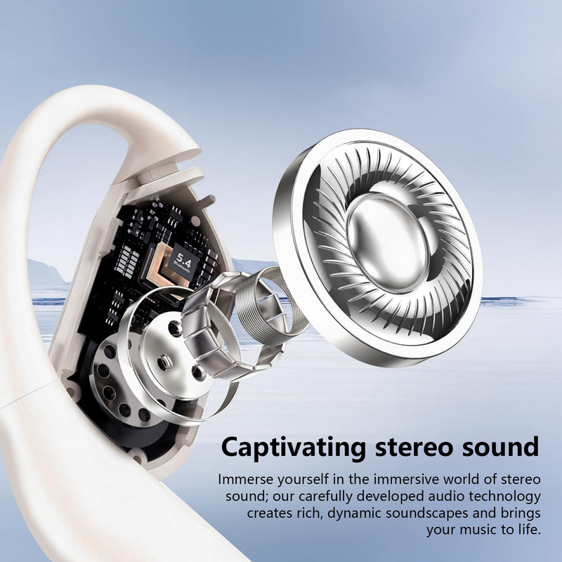Open Ear Clip Wireless Earbuds Headphones, Bluetooth 5.4, Open Ear Design, Built-in Mic, IPX7 Waterproof, LED Display Charging Case,Ear Hooks Ear Buds Ultra for Fitness/Travel/Gym/Running/workout off-white