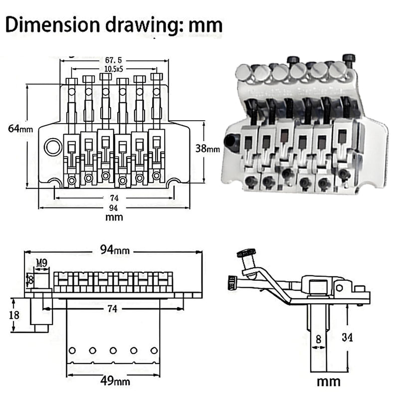 [AUSTRALIA] - Double Locking Tremolo Bridge System with Arm - Compatible with Floyd Rose & Strat Replacement| Chrome Upgrade Kit for Electric Guitars (Silver) Silver 