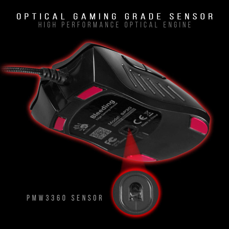 Bloody SP30 Ergonomic Optical Switch Gaming Mouse - Fastest Mouse Switch in Gaming - Enthusiast Grade 3360 Sensor - 8 Programmable Buttons - Non-Slip Rubberized Black - 12,000 DPI