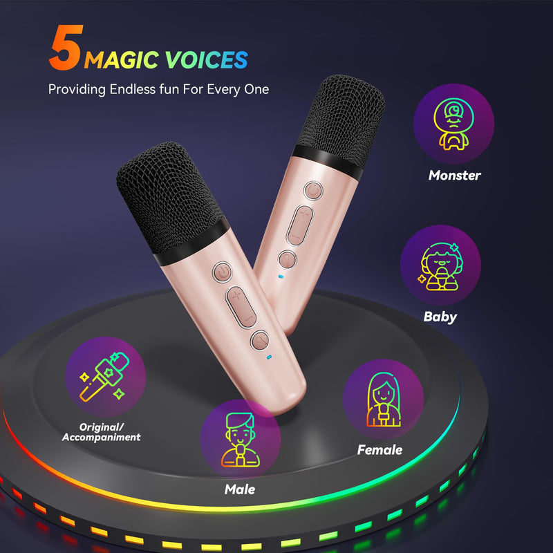 Karaoke Machine for Kids Adults, Portable Bluetooth Mini Karaoke Microphone Singing Speaker with 2 Wireless Mic and Light,Toys for All Smartphones,Birthday, Family,Home Party (Rose Gold) rose gold