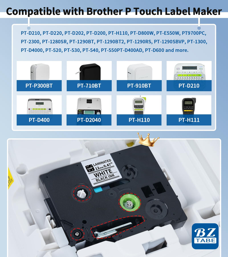 12mm 0.47 Laminated White Label Tape Relpacement for TZe-231 TZ-231 Brother Label Maker Tape, BZ Black on White Label Tape Compatible with Brother P Touch Label Maker PT-D210 PT-H110 PT-D220, 4 Pack