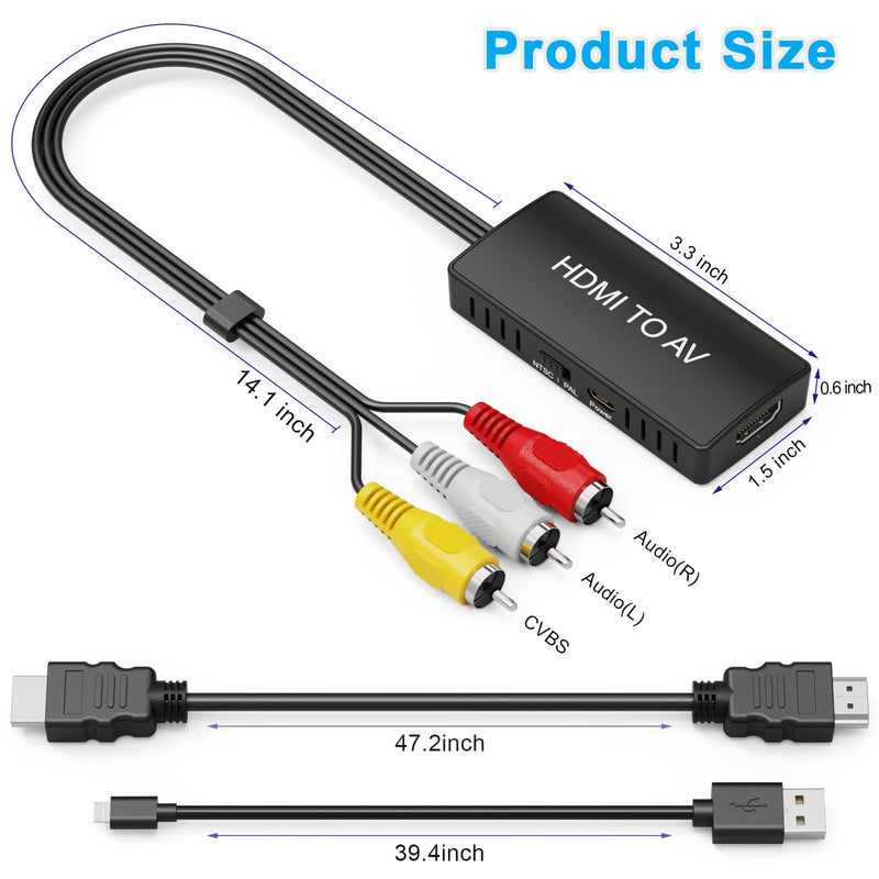 HDMI to RCA Converter, HDMI to AV Adapter for Old TV, HDMI RCA Composite Video Converter Supports PAL/NTSC for TV Stick, Roku, Android TV Box, DVD HDMI to RCA