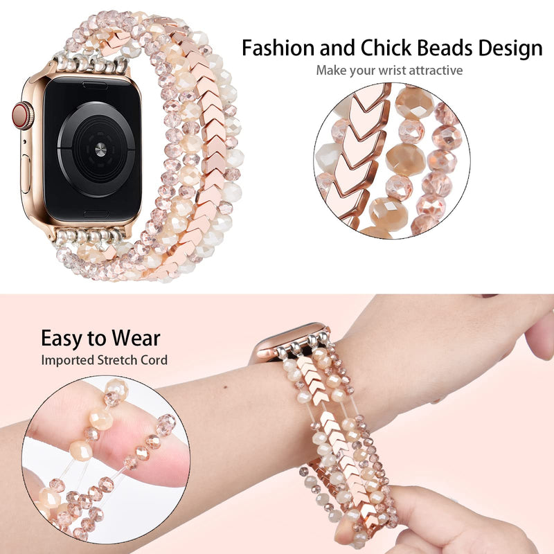 MOFREE Beaded Bracelet Compatible for Apple Watch Band 38mm 40mm 41mm 42mm 44mm 45mm Women,Fashion Handmade Elastic Stretch Strap for iWatch Series SE 8 7 6 5 4 3 2 1 Rose Gold 38mm/40mm/41mm-S/M(5.3"-6.2")