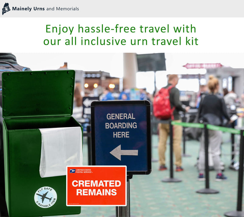 Mountain Themed TSA Approved Fly-Safe and Temporary Travel Cremation Urn Kit for Human Ashes - Airline and Mail Friendly - 200 Cubic Inch Capacity - Green Plastic Urn with Mountains Mailing Box Mountain