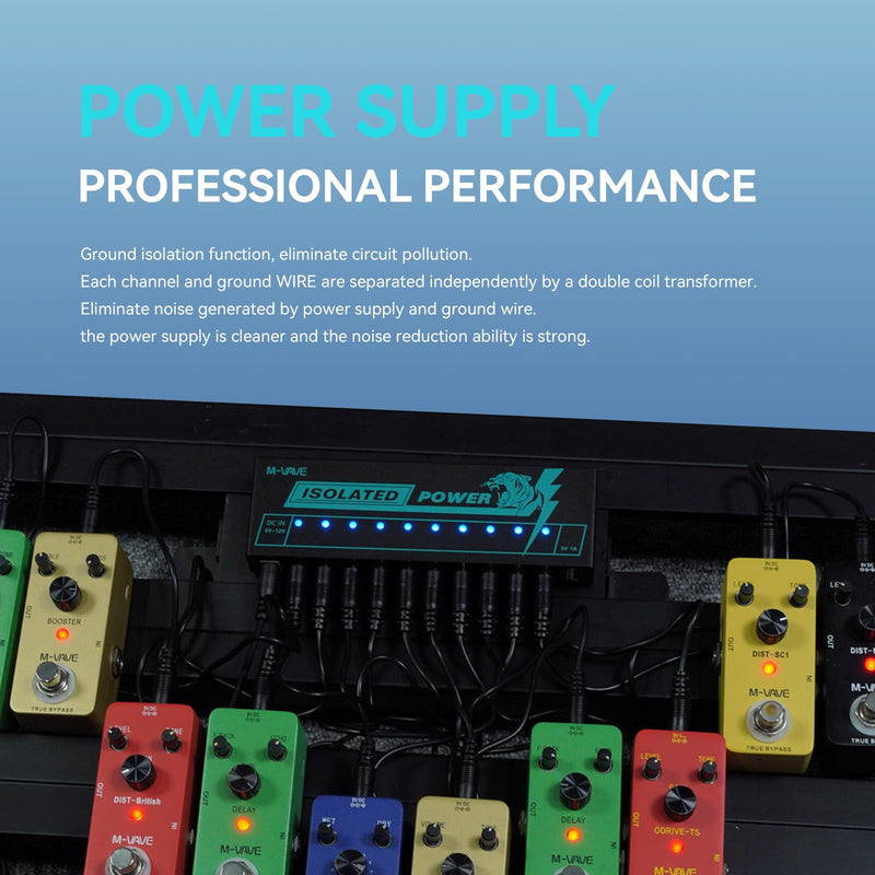 M-VAVE Guitar Pedal Isolated Power Supply Portable for Bass Effect 11 Isolated Multiple Output DC 9V 5V USB Output LED Light 300mA 1A Portable Guitar Cables