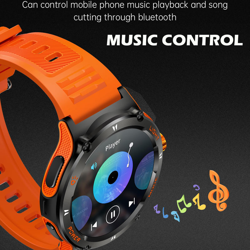 Smart Watch with Compass and Flashlight, Military Activity Tracker for Android iOS（Bluetooth Call Answer/Dial Calls） Rugged Smartwatch AI Voice Assistant/Heart Rate/Blood Pressure Orange