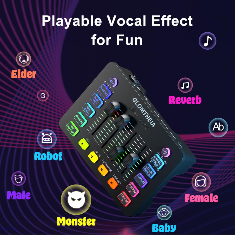 Gaming Sound Board Audio Interface Voice Changer for PC PS4 PS5 Streaming Mixer Soundboard Compatible with XLR Condenser/Dynamic Microphone