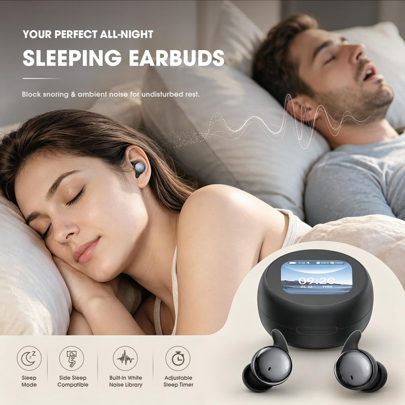NE90 Wireless Sleep Earbuds for Side Sleepers – Smart Touchscreen Case with Built-in White Noise & AI Translation 164 Languages, Comfort Invisible Design, Sleep Timer Black