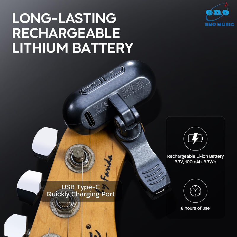 ENO MUSIC Rechargeable Clip-on Tuner for Guitar Bass Ukulele with Chromatic Mode