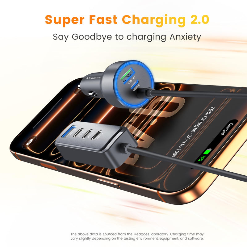 127.5W Fast USB C Car Charger Multiple Ports, 6 Port Road Trip Essentials | for iPhone 17/16/Android, Roadtrip Essentials for Kids, PPS 45W Supper Fast, 12V Cigarette Lighter Charger with 5FT Extension