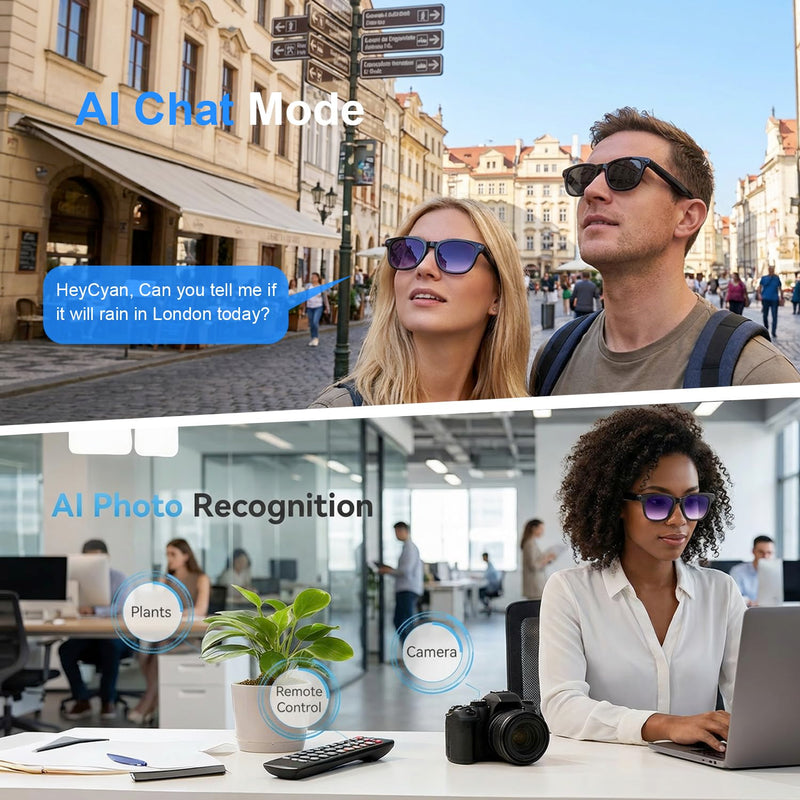 AI Smart Glasses with Camera, 8MP HD Bluetooth Camera Glasses for Women Men | 1080P Video Recording Sunglasses, Real Time Translation, Voice Assistant, Open Earbuds, Travel, Work, Vlog, (3 lenses) Piano black