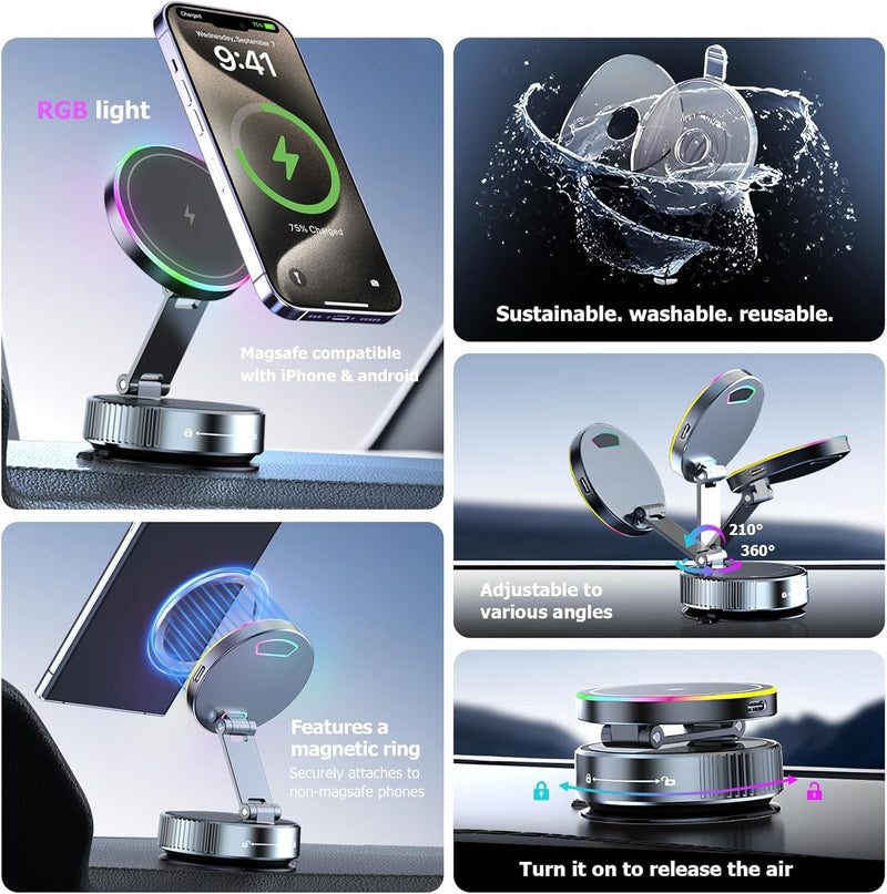 2026 Upgraded MagSafe Car Mount Charger 15W Fast Wireless Charging, 360° Adjustable Vacuum Magnetic Suction Phone Holders for iPhone 17-12 & Android