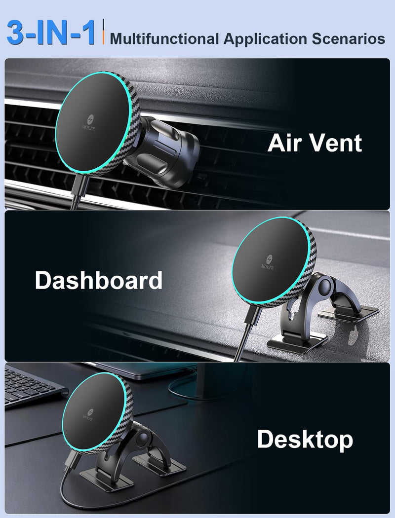 for iPhone Magsafe Car Mount Charger Vent-LED Wireless Car Charger | Magnetic Car Phone Holder HandsFree Car Mount Fast Car Charger for iPhone 17/16/15/14/13/12 Series Carbon Firber Gcarbon fiber