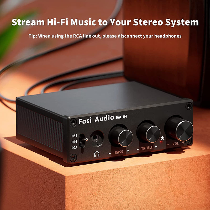 Fosi Audio Q4 Desktop DAC Headphone Amp for PC Mini Stereo Headphone Amplifier Combo USB Optical Coaxial to RCA AUX Digital-to-Analog Audio Converter Adapter for Home Powered Speakers