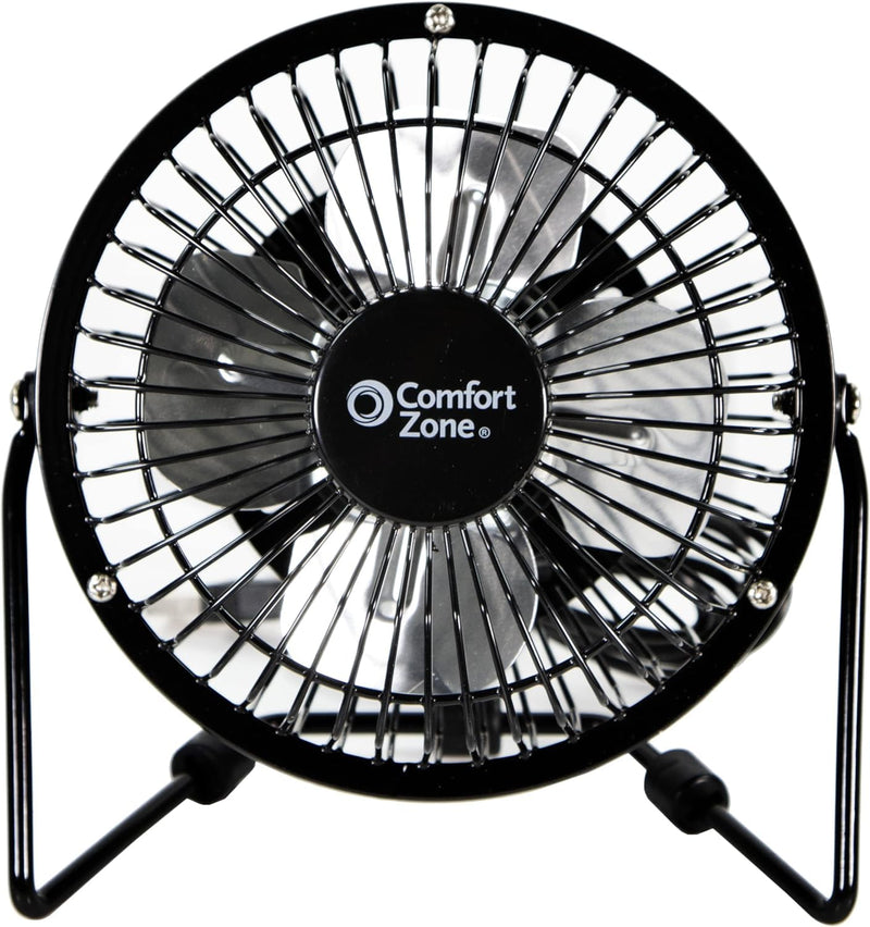 [AUSTRALIA] - Comfort Zone Mini Portable Desk Fan with 360-Degree Adjustable Tilt, Dual Powered (USB or Power Cord), 4 inch, All-Metal Construction, Airflow 3.31 ft/sec, Ideal for Home, Bedroom & Office, CZHV4BK Black 