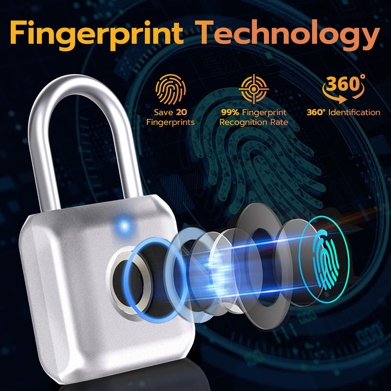 Pothunder Fingerprint Padlock, Smart Padlock, Locker Lock, Biometric Metal Keyless Fingerprint Lock, USB Rechargeable, for Gym Locker, Locker, Luggage, Backpack(Silver) Silver
