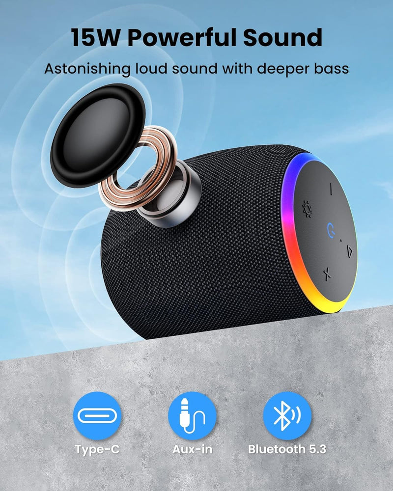 Bluetooth Speakers,Portable Wireless Speaker with 15W Stereo Sound, IPX6 Waterproof Speaker with LED Light, Bluetooth TWS, Portable Speaker for Shower Outdoor Party Beach Camping 1PCS-Black