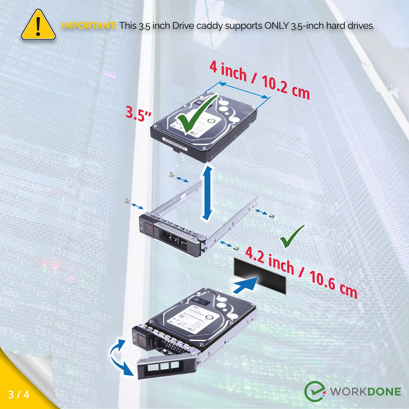 WORKDONE 4-Pack 3.5" LFF Carrier - fits Dell PowerEdge 17-14th Gen Y796F | Only for bigger 4.2" Wide Hot-Swap Bay, R250 R350 T350 R450 T550 R550 R650xs R750xs R6515 R6525 R7515, Labels, Manual, Screws