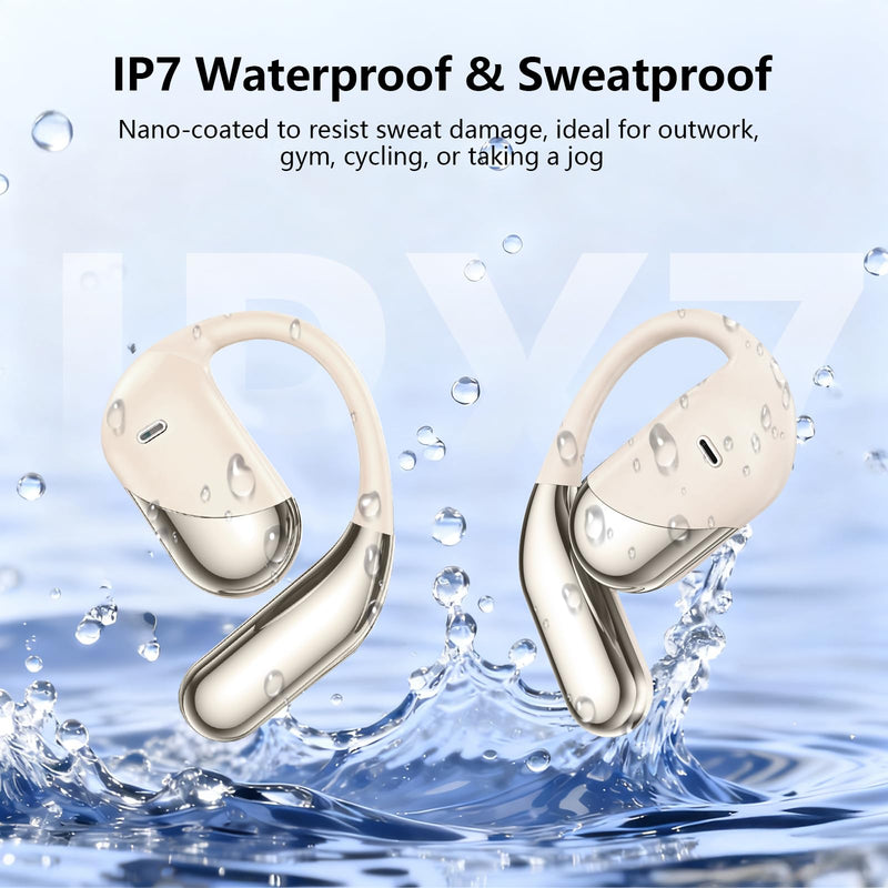 Open Ear Clip Wireless Earbuds Headphones, Bluetooth 5.4, Open Ear Design, Built-in Mic, IPX7 Waterproof, LED Display Charging Case,Ear Hooks Ear Buds Ultra for Fitness/Travel/Gym/Running/workout off-white