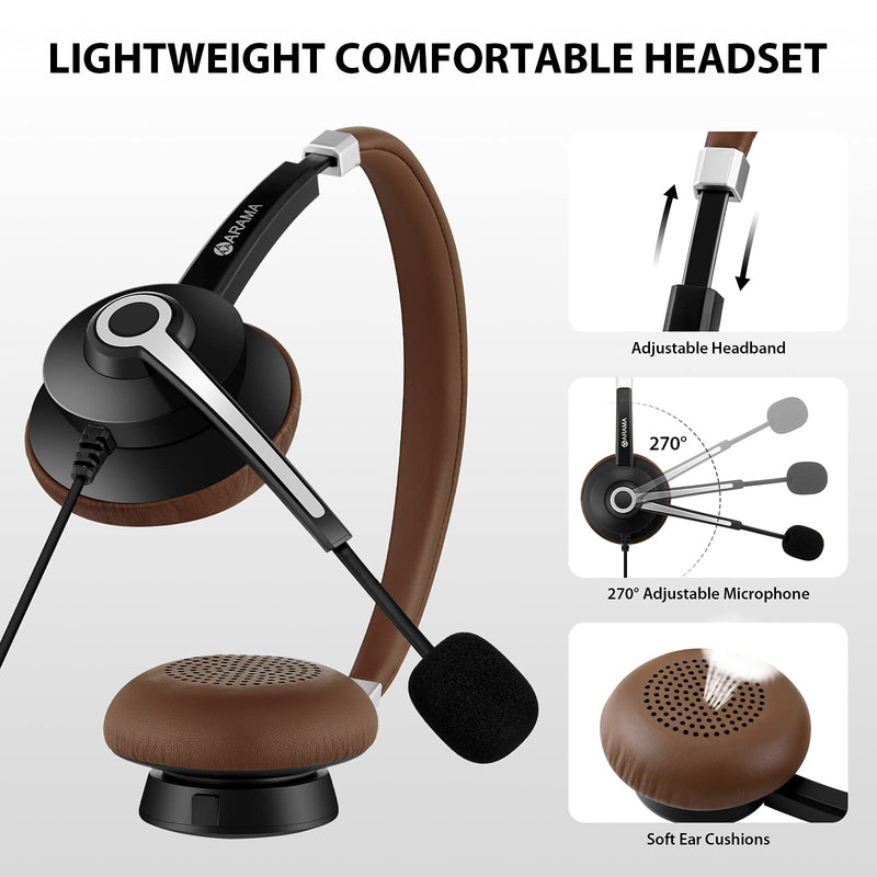 [AUSTRALIA] - Arama USB Headset with Microphone Noise Cancelling & in-line Call Controls, Ultra Comfort 3.5mm Wired Headset for Cell Phone, Computer Headset with Mute for PC Laptop Skype Webinar Home Office Brown 
