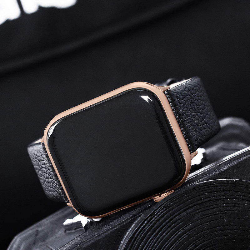 Fullmosa Compatible Apple Watch Band Leather Black 42mm 44mm 45mm with Rose Gold Buckle& Compatible Upgraded Version Stainless Steel iWatch Band/Strap with Case 42mm 44mm 45mm Rose Gold