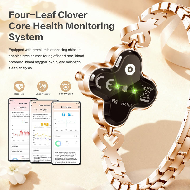 Red Clover Design Smart Watch for Women, Elegant Quartz Fitness Tracker with 24/7 Heart Rate SpO2 Monitor, Sleep Tracking, IP68 Waterproof Smart Bracelet, Message Notifications for Android iPhone