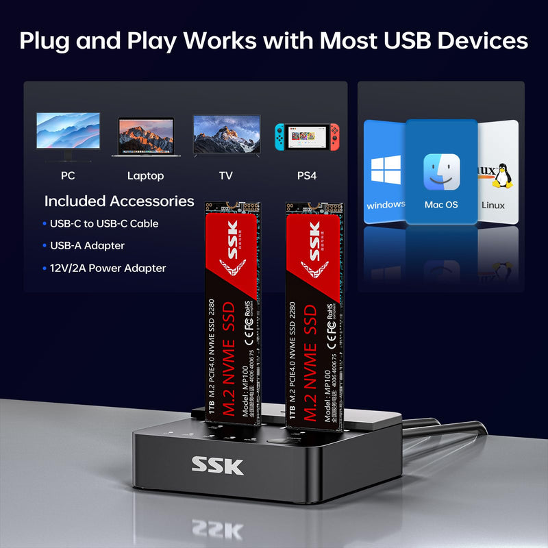 SSK NVMe & SATA SSD Cloner M.2 Duplicator Dual Bay Dock SSD to USB Adapter | For NVMe & SATA SSD, M Key/B+M Key, 10Gbps USB3.2 Gen 2, Offline Clone Duplicator, PCIe 3/4/5, Tool-Free, UASP Trim