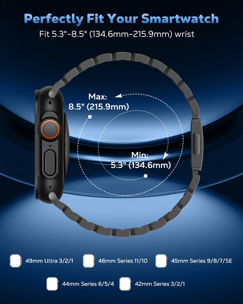 MoKo Titanium Watch Band Compatible with Apple Watch 42/44/45/46/49mm | Compatible with Apple Watch Ultra 3 2 1,S11/10/9/8/7/6/5/4/3/2/1 SE3/SE2/SE, Magnetic Metal Band for Men Women Black/Black