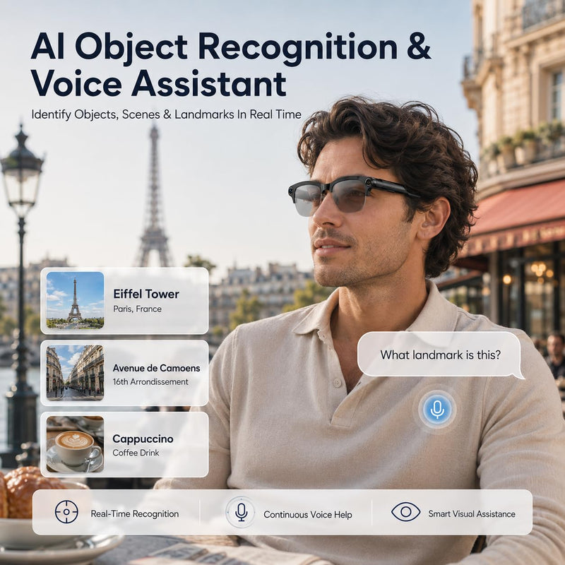 AI Smart Glasses with camera, Continuous AI Chat, 8MP Camera Glasses, 1080P Recording Glasses for Men Women,Hands-Free Music & Calls,Real-Time Translation,Ideal for Business Meetings,Travel,&Daily Use Photochromism