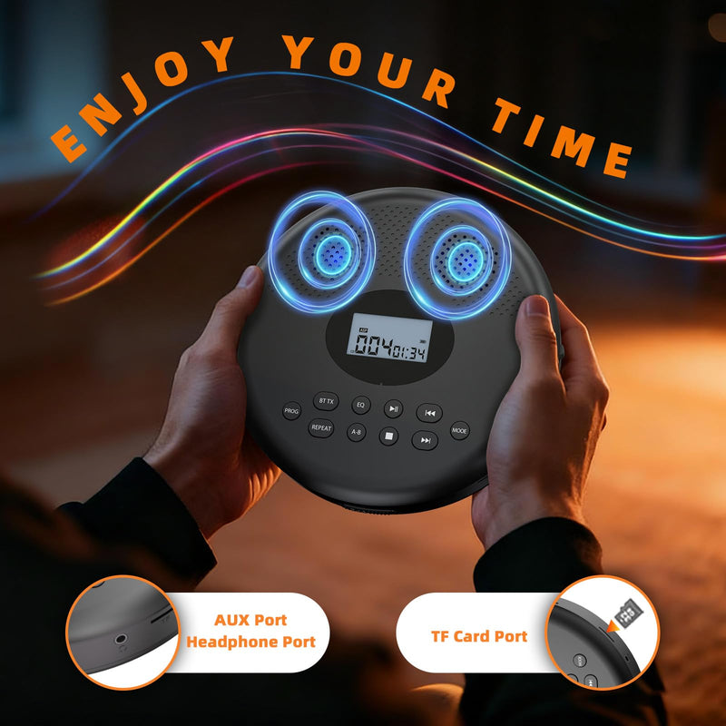 [AUSTRALIA] - Arafuna Portable CD Player with Bluetooth, Rechargeable CD Player for Car/Home with Headphones, Anti-Skip, LCD Display, AUX/TF Card Port (Black) Black 
