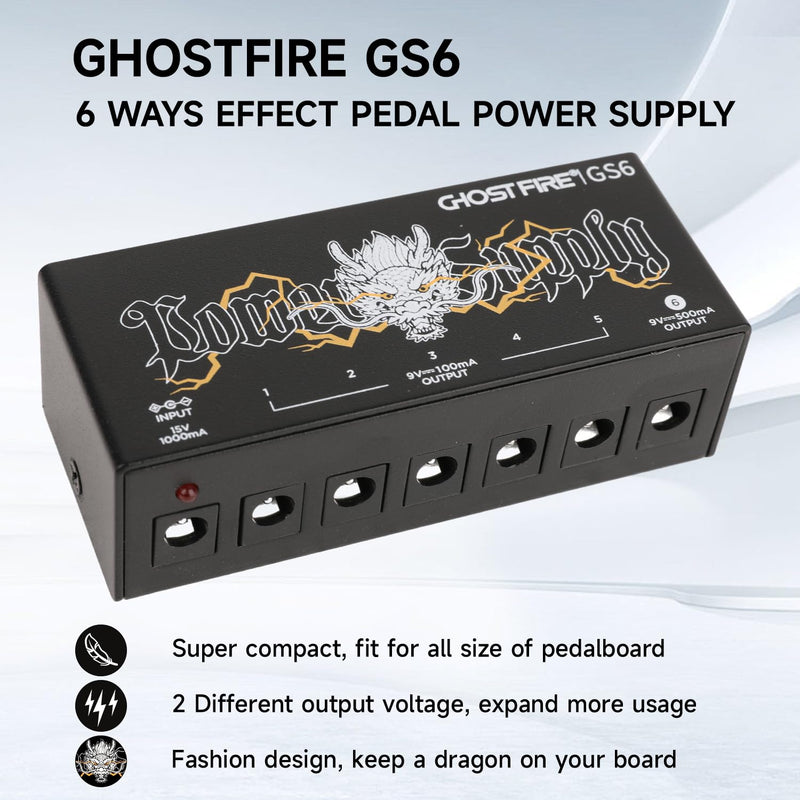 GHOSTFIRE GS10-SV2 GS6 Guitar Pedal Power Supply 9V/1000mA High Current for 9V/12V/18V Effect Pedals (GS6)