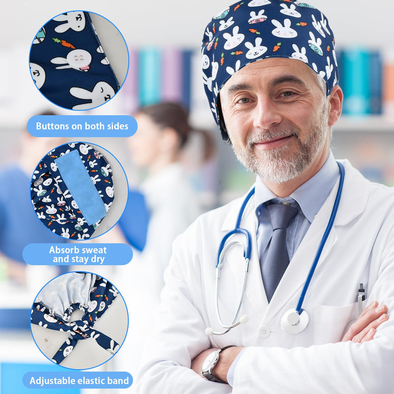 [AUSTRALIA] - Ziyonix Pack of 4 Surgical Caps with Buttons, Cotton Nurse with Sweatband, Bandana Work Caps, Adjustable Surgical Hat for Women and Men 