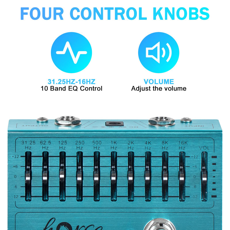 10 Band EQ Pedal, Equalizer (31.25Hz-16kHz) with ±12dB Gain/Attenuation for Each Band for Electric Guitar Bass Including 4-string 5-string 6-string 7-string Guitars