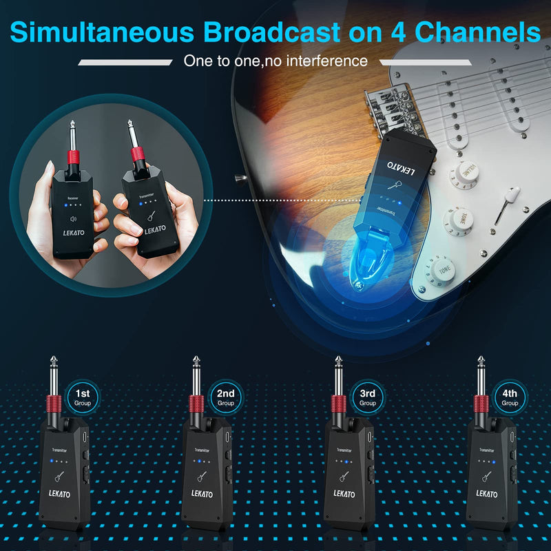 [AUSTRALIA] - LEKATO 5.8G Wireless Guitar System Upgraded Rechargeable Wireless Guitar Transmitter Receiver, Super Long 8 Hours Battery Life, 4 Channels Guitar Wireless System for Electric Guitar Bass(WS-90) 