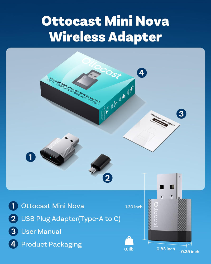 OTTOCAST Mini Nova 2-in-1 Wireless CarPlay & Android Auto AI Adapter | 2026 upgraded plug & play adapter, features built-in AI assistance including Claude, Gemini, and ChatGPT