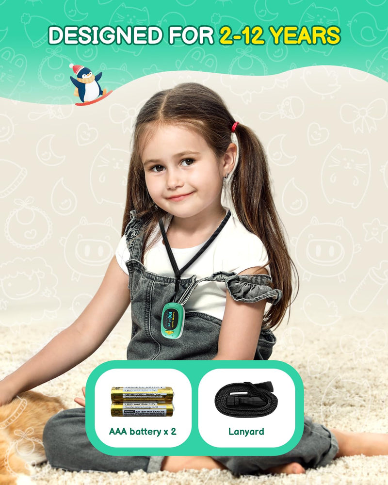 Paediatric Pulse Oximeter, HOLFENRY Oxygen Saturation Meter Finger for Children Pulse Oximeter Finger Oximeter Child-friendly Design Monitoring of SpO2, PI, Heart Rate grass green