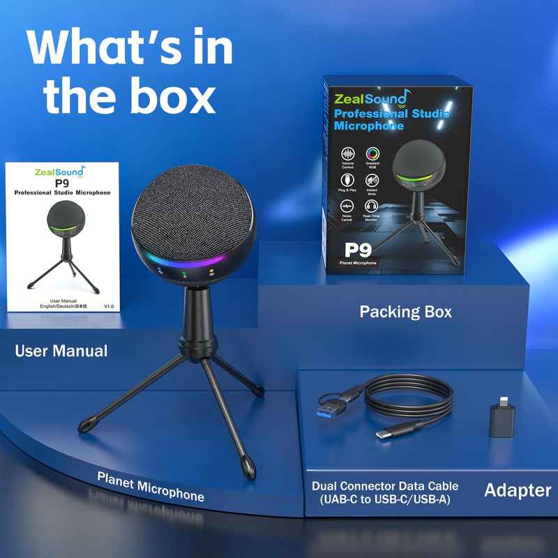 [AUSTRALIA] - ZealSound RGB USB Microphone for iPhone/PC,Mic for Phone,ASMR,Gaming,Noise Cancel Microphones with Touch Mute/Echo/Volume Gain,Real Time Monitor,Podcast,Zoom YouTube Discord Twitch Video 