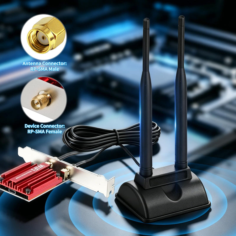 Eightwood Dual Band WiFi 6 Antenna 5GHz 2.4GHz, RP-SMA Connector | Magnetic Base Antenna for Desktop PC Computer Gaming Motherboard PCIe WiFi Bluetooth Card