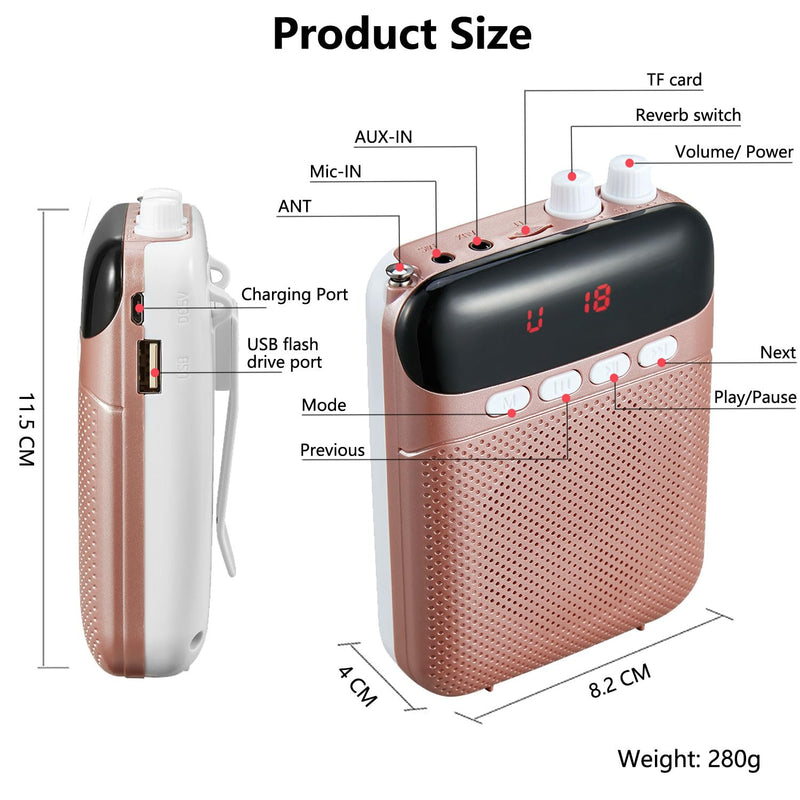 Portable Voice Amplifier for Teachers,2400mAh Personal Amplifier Headset for Speaking Rechargeable PA System Microphone for Teachers/Training/Meeting/Tour Guide/Yoga/Classroom(Rose)
