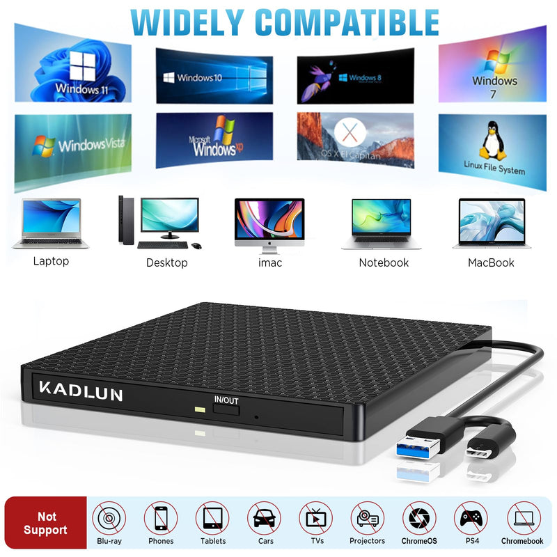 External CD/DVD Drive External USB 3.0 USB C External CD Drive for Laptop Desktop PC MacBook iMac, DVD +/-RW Burner Optical Drive External DVD Drive for Windows 11/10/8/7/XP/Linux/Vista/MacOS 5.71"x5.71"x0.75"
