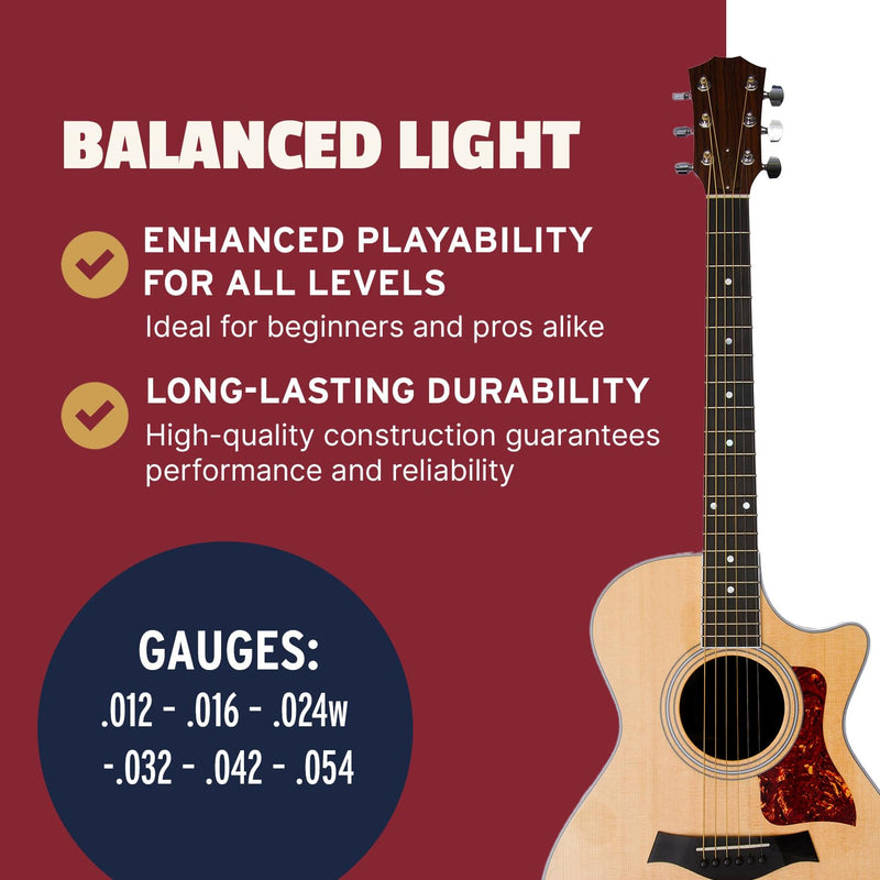 Stringjoy Balanced Light Gauge Brights 80/20 Bronze Acoustic Guitar Strings 12-54, BB1254, Vibrant Tone & Optimal Playability, Acoustic 6 String Set, 2-Pack 12-54 Light Gauge