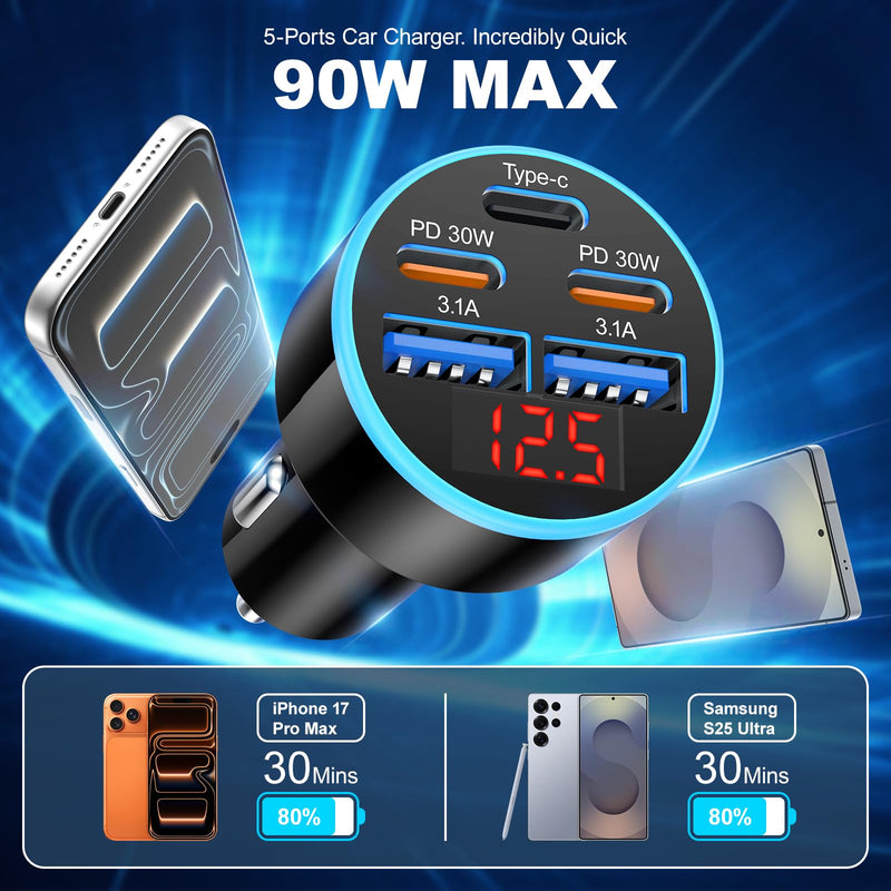 90W 5-Port Cigarette Lighter USB Charger Adapter USB C Fast Charging | Multi-Port USB C Car Charger Adapter with Voltmeter,Car Phone Charger with USB C Cable for iPhone 17 16 15Pro Max,iPad,Galaxy 1 Pack