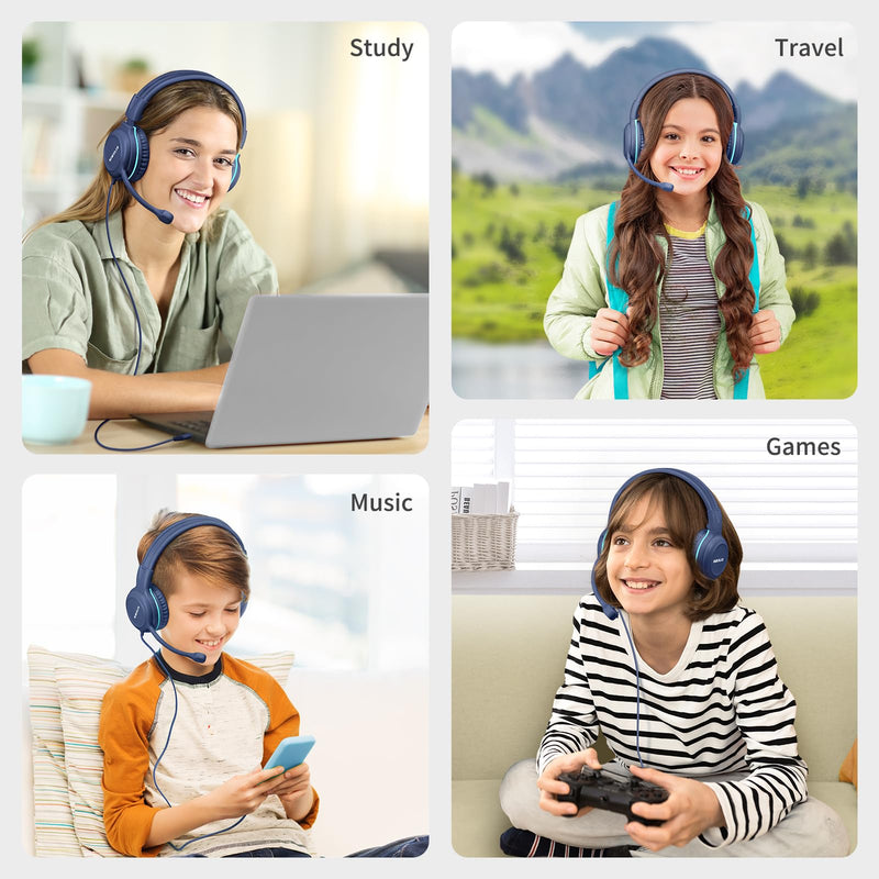 SIMOLIO Wired Headphones for School with Microphone, Stereo Kids Headphone with Flexible Swivel Boom Mic for Student K12 & Teacher & E-Learning, 3 Levels Volume Limiter Gaming Headsets for Boys, Girls Blue