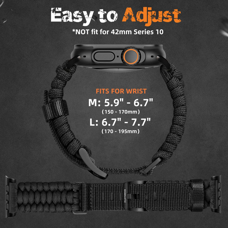 Bandletic Rugged Nylon Paracord Compatible with Apple Watch Bands for Men | Straps for 49mm Ultra, Series 11 10 46mm, 9/8/7 45mm, SE3/SE2/SE/6/5/4 44mm, 3/2/1 42mm Heikou-Black Large (6.7"- 7.7")49/46/45/44/42(S3/2/1)